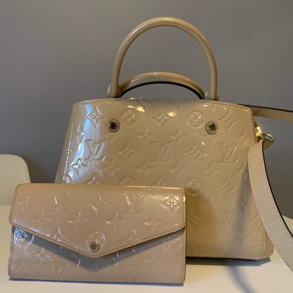 Authentic Louis Vuitton Dune Monogram Vernis Montaigne BB Bag and Sarah Wallet
